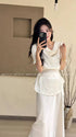 Cowl Neckline Short Sleeves Tie Tops With Skirts Sets